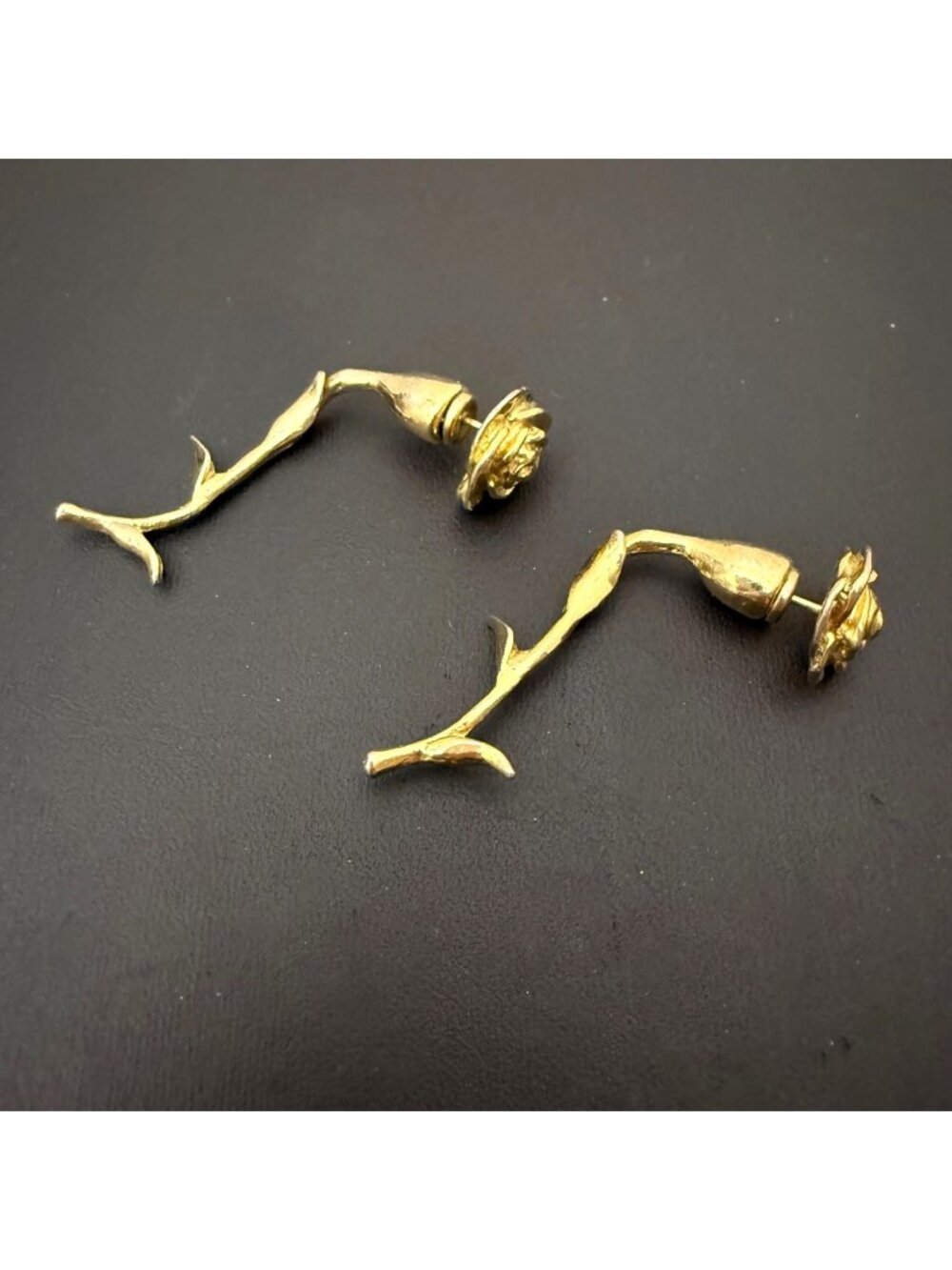 Vintage Earrings Rose Stem Nature Inspired Cottagecore Gold Tone 1.75 inches